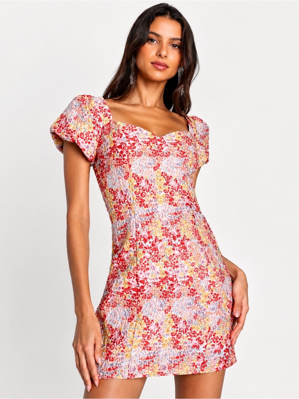 🌸 Lulus Floral Jacquard Puff Sleeve Mini‎ Dress Size M 🌸